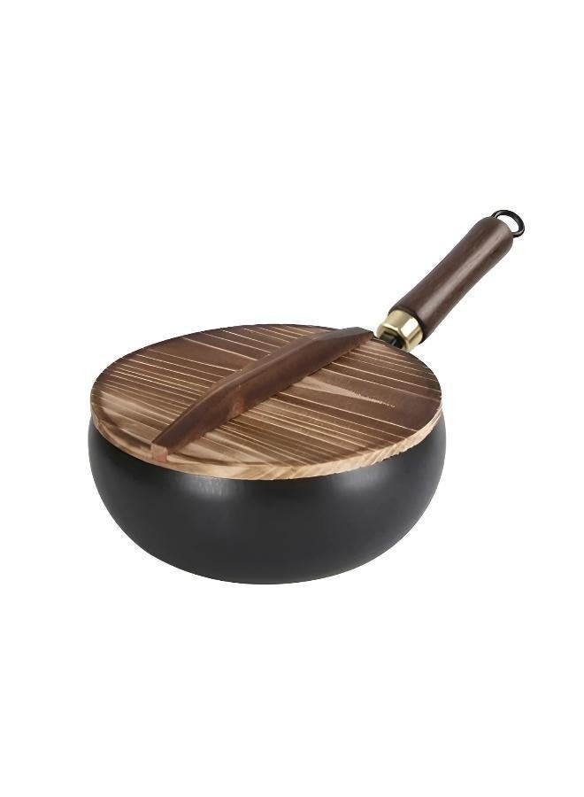 Pure Cast Iron Wok Small Frying Pan Uncoated Nonstick Skillet with Wooden Lid and Handle Heat Resistant Black - Image 1