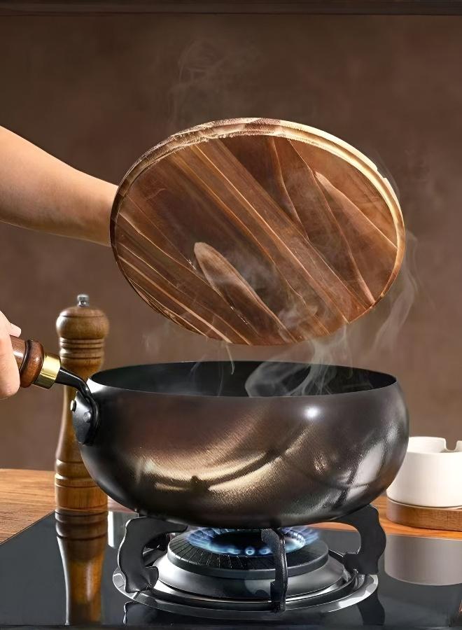 Pure Cast Iron Wok Small Frying Pan Uncoated Nonstick Skillet with Wooden Lid and Handle Heat Resistant Black - Image 5