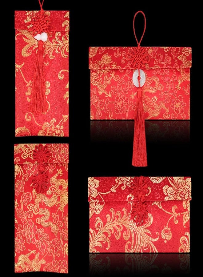 BINBE 4 Pieces Silk Red Envelope Chinese Red Pocket Lucky Money Hong Bao Card Envelope for Spring Festival Wedding New Year Birthday, 4 Styles with Chinese Knot Jade Pendant Copper Coin (4) - Image 1