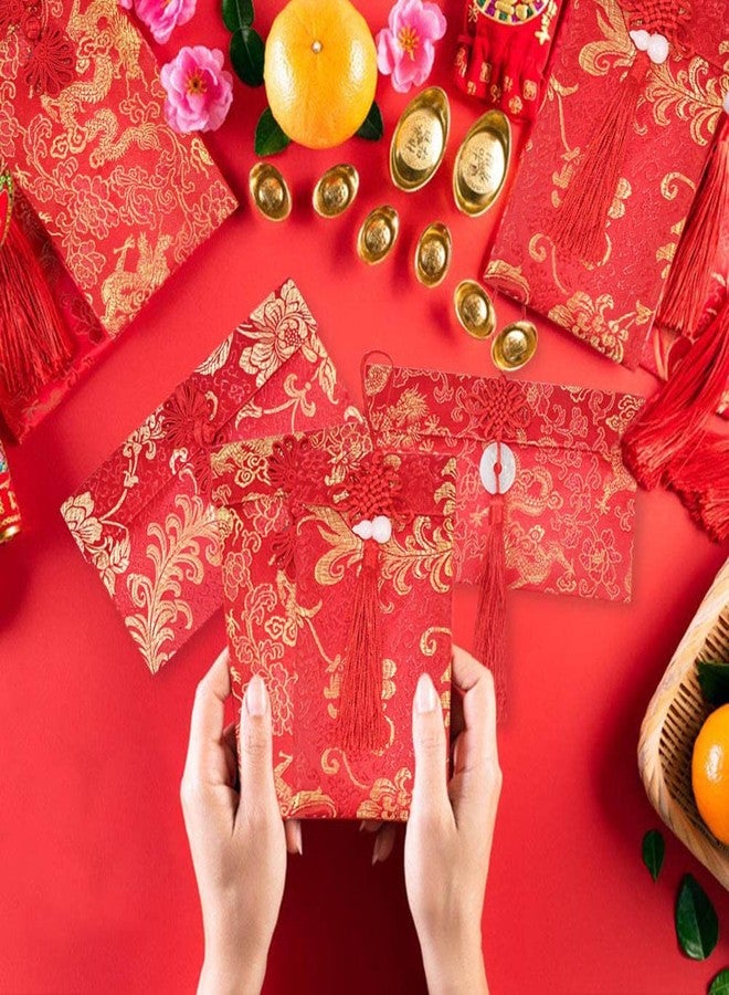 BINBE 4 Pieces Silk Red Envelope Chinese Red Pocket Lucky Money Hong Bao Card Envelope for Spring Festival Wedding New Year Birthday, 4 Styles with Chinese Knot Jade Pendant Copper Coin (4) - Image 5