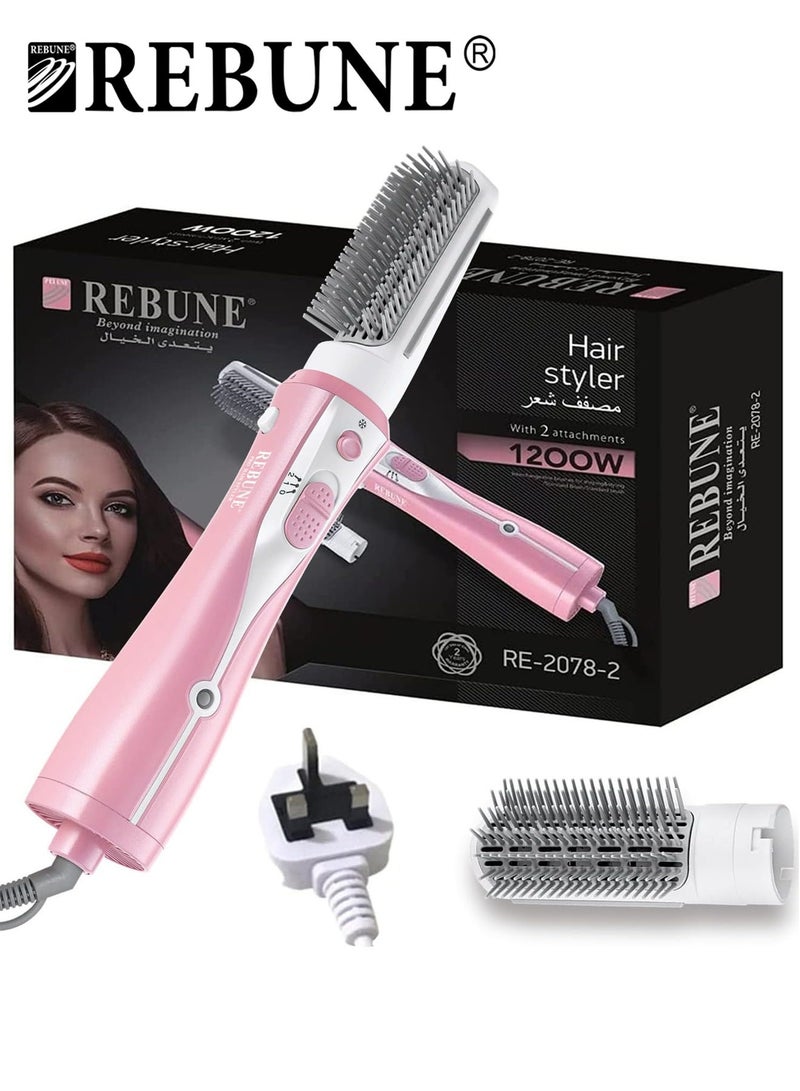 REBUNE Original Electric Hair Styler Brush 1200W Hair Straightening Brush Hair Dryer and Hair Curler With 2 Attachment pink/white - Image 1