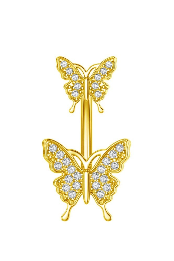 مجموعة إبر سرة 5 قطع من الاستانلس ستيل الذهبي القصير - بتصميم فراشات أنيقة