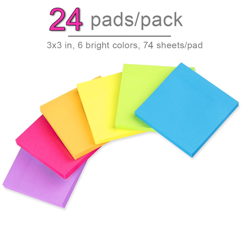 Vanpad (24 Pack) Sticky Notes 3x3 in Post Bright Stickies Colorful Super Sticking Power Memo Pads, Strong Adhesive, 74 Sheets/pad - Image 2