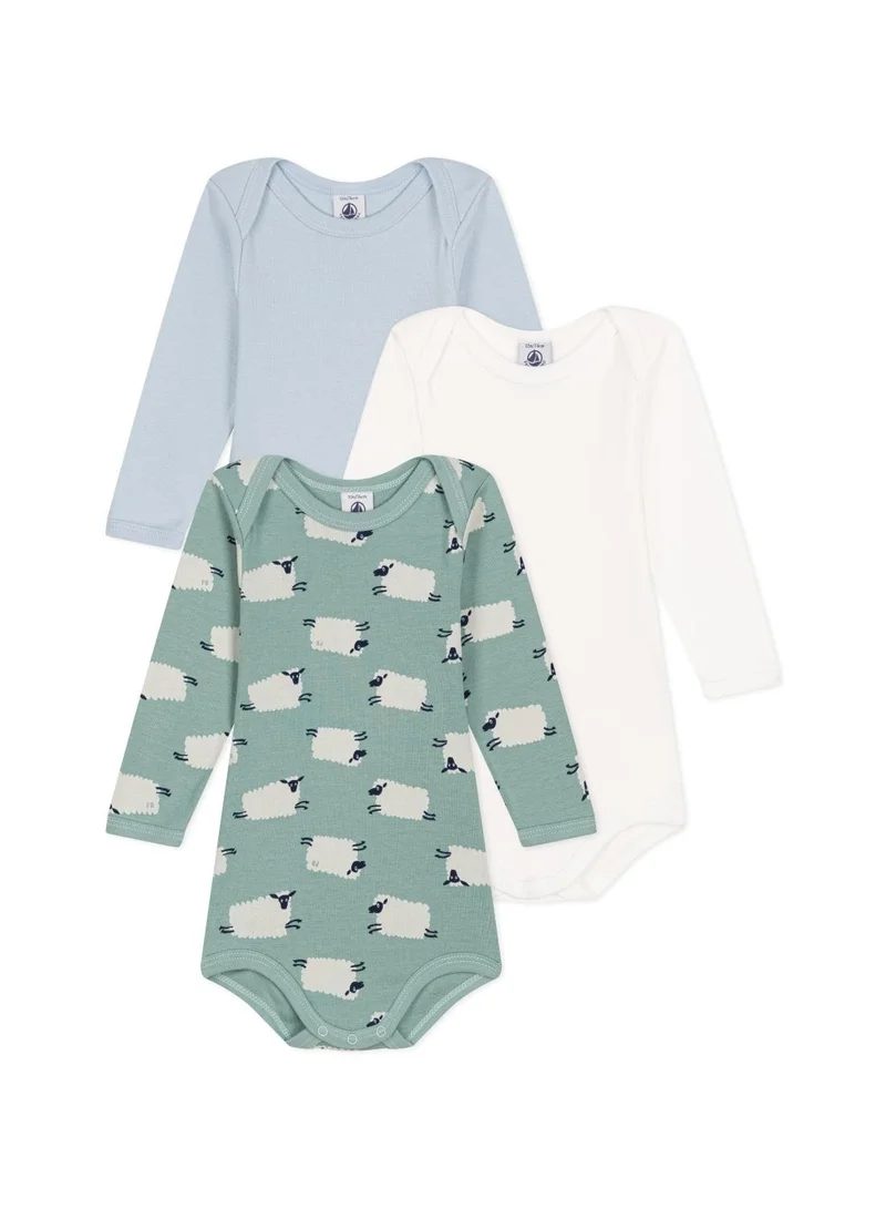 بيتي باتو Babies' long-sleeved sheep print cotton bodysuits - 3-Pack