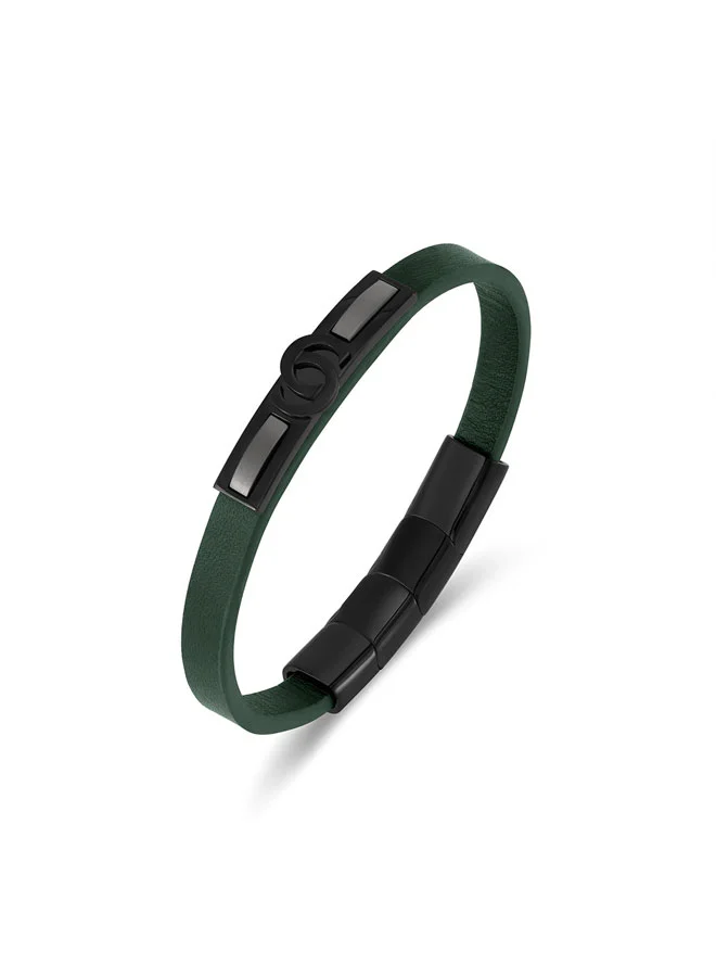 CERRUTI 1881 Elio Green Leather IP Black Double C Logo Bracelet for Men