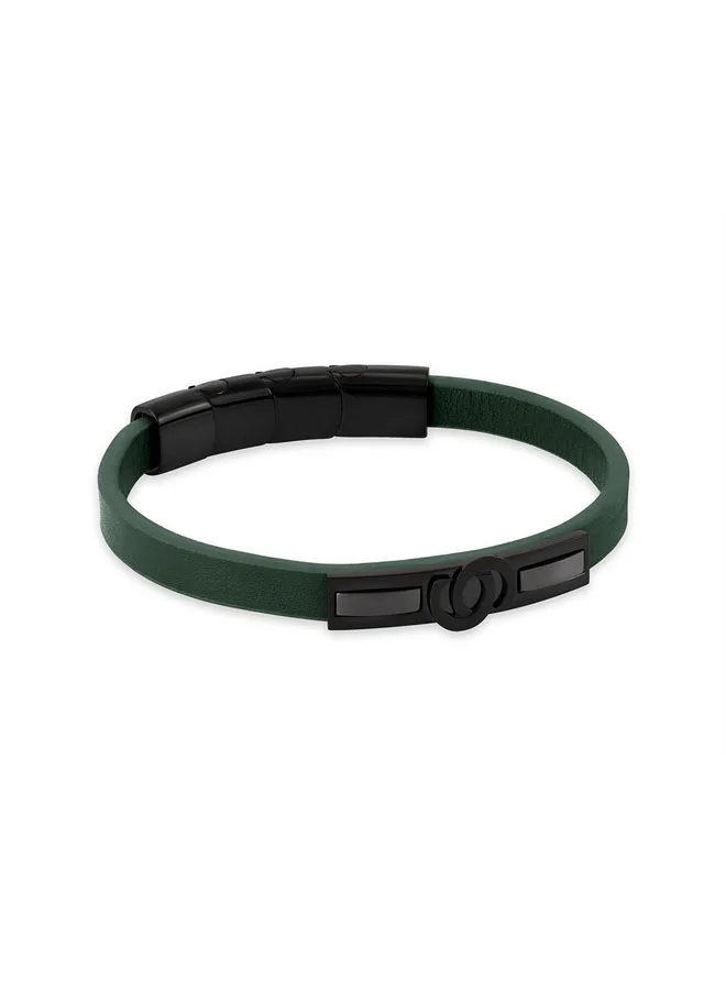 Elio Green Leather IP Black Double C Logo Bracelet for Men