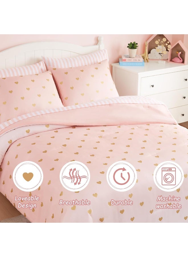 Wink Deer Kids Pink Bedding Sets, 5 Piece Twin Comforter Set with Sheets, Gold Heart Shaped Pink Cute Bedding for Girls, Twin Bed in a Bag - Image 4