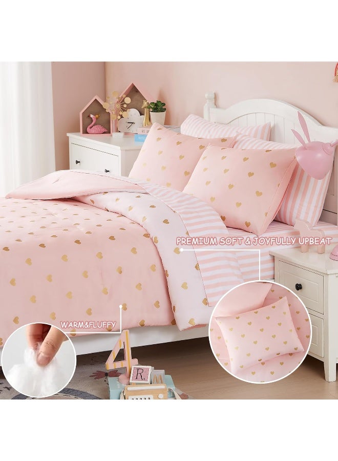 Wink Deer Kids Pink Bedding Sets, 5 Piece Twin Comforter Set with Sheets, Gold Heart Shaped Pink Cute Bedding for Girls, Twin Bed in a Bag - Image 5