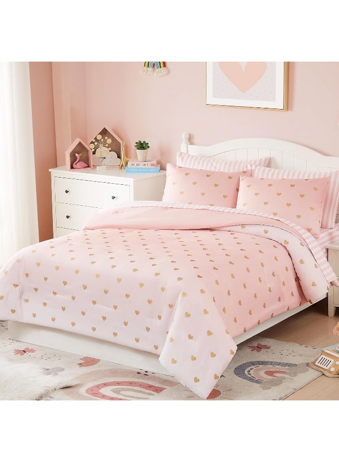 Wink Deer Kids Pink Bedding Sets, 5 Piece Twin Comforter Set with Sheets, Gold Heart Shaped Pink Cute Bedding for Girls, Twin Bed in a Bag - Image 2