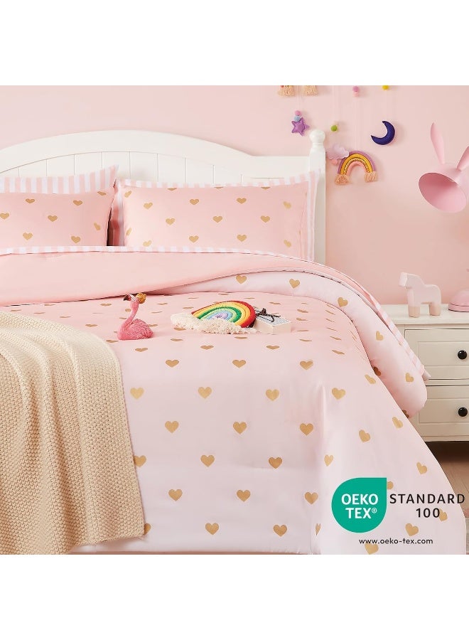 Wink Deer Kids Pink Bedding Sets, 5 Piece Twin Comforter Set with Sheets, Gold Heart Shaped Pink Cute Bedding for Girls, Twin Bed in a Bag - Image 3