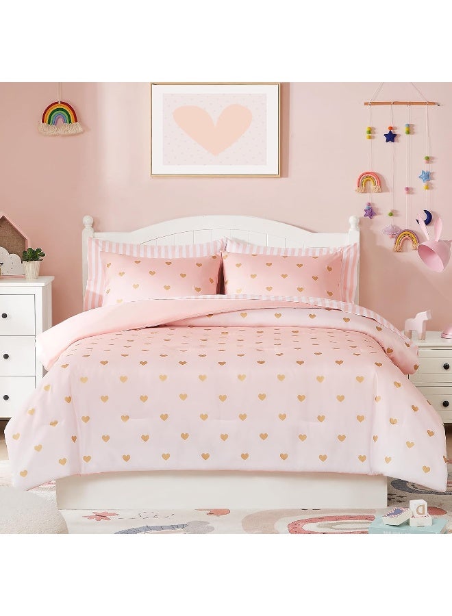 Wink Deer Kids Pink Bedding Sets, 5 Piece Twin Comforter Set with Sheets, Gold Heart Shaped Pink Cute Bedding for Girls, Twin Bed in a Bag - Image 1
