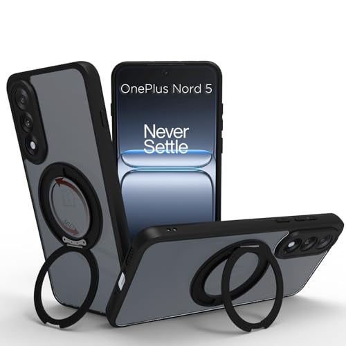 RIGGEAR Shockproof Sleek Hybrid Armor 360° Rotating Magnetic Ring Stand Back Cover Case Compatible with MagSafe Accessories for OnePlus Nord 5 5G (Smoke Black Matte PC and Black TPU Bumper)(RingStand) - Image 1