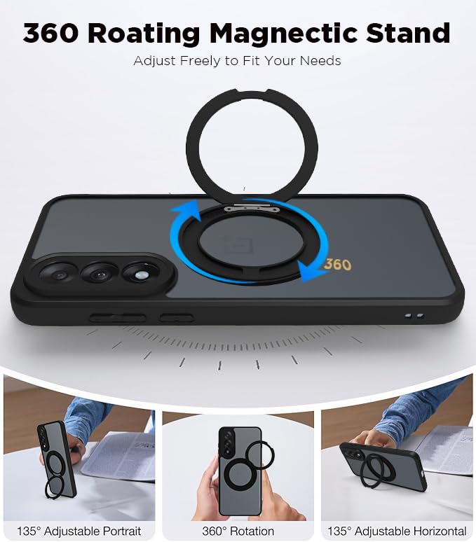 RIGGEAR Shockproof Sleek Hybrid Armor 360° Rotating Magnetic Ring Stand Back Cover Case Compatible with MagSafe Accessories for OnePlus Nord 5 5G (Smoke Black Matte PC and Black TPU Bumper)(RingStand) - Image 3