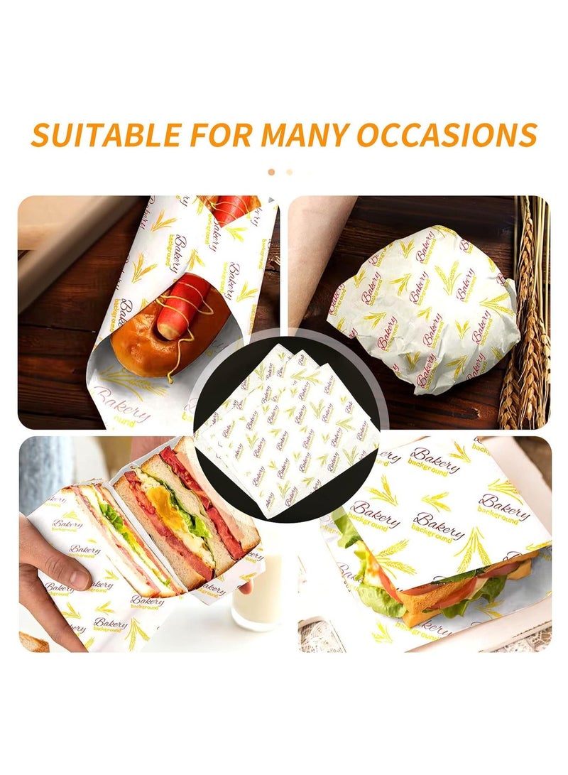 100 Sheets Greaseproof Paper, Baking Wrapping Paper Food Wax Paper Pattern of Wheat Ears, Food Basket Liners Paper Deli Paper for Breads French Fries Sandwiches Pizza Burgers Hot Dogs - Image 4