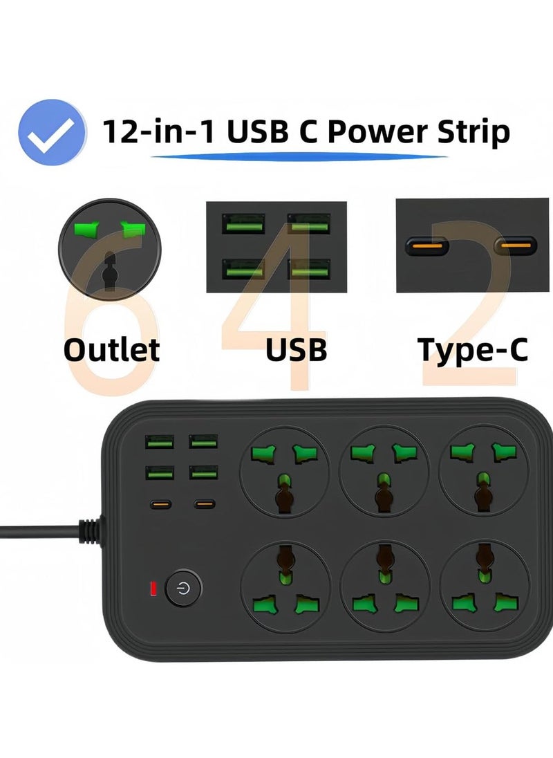 TIGER 12-in-1 USB-C Power Strip, Extension Cord with 6 Wide AC Outlets & 4 USB Ports, 110-240V, Max 3000W, Wall Mount Outlet Extender for Home & Office Use  - Image 4