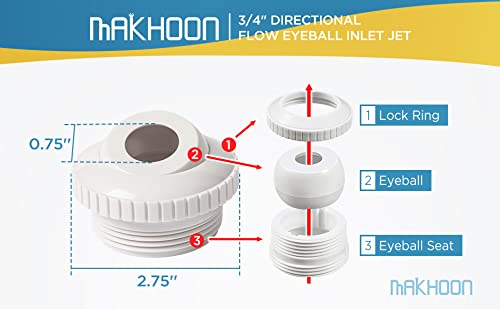 MAKHOON 3/4" Directional Flow Eyeball Inlet Jet for Compatible with Hayward SP1419D with 1-1/2" MIP Threa White Opening Hydrostream Return Jet Replacement Part(6 Pack) - Image 3