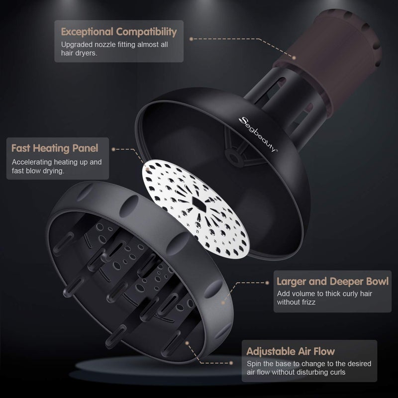 Segbeauty Hair Diffuser for Curly Hair, Upgraded Adjustable Air Flow, Deep Bowl, Professional Salon Frizz-free Fast Dry Diffuser Attachment with 1.57"-1.97" Nozzle, Black - Image 4