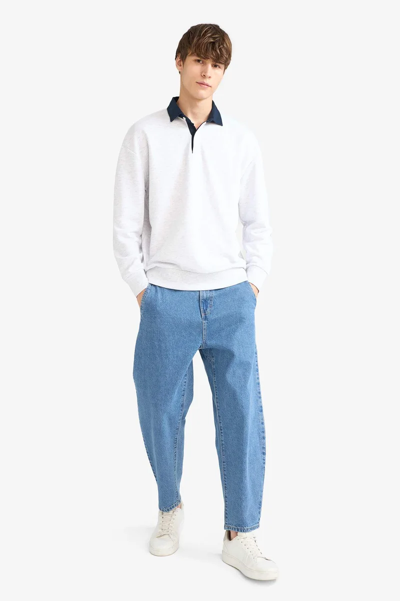 ديفاكتو Boxy Fit Long Sleeve Polo Collar Sweatshirt