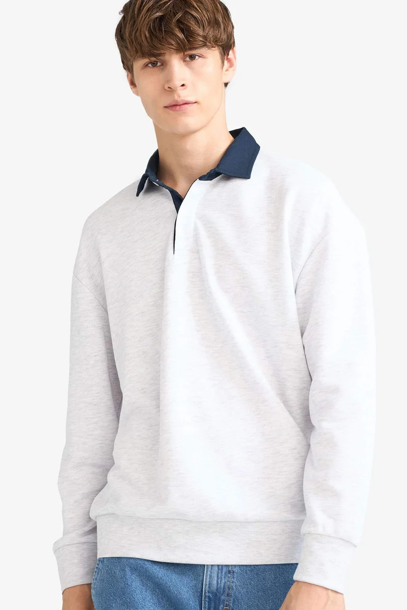 ديفاكتو Boxy Fit Long Sleeve Polo Collar Sweatshirt