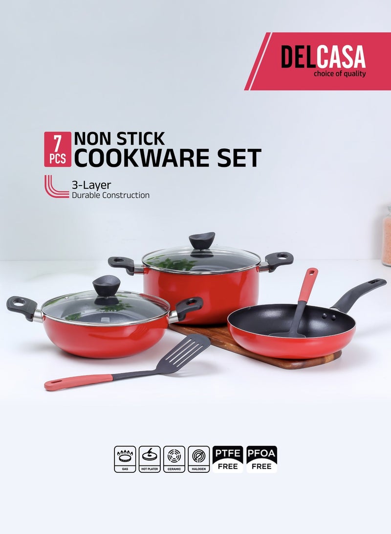 DELCASA 7-Piece Non-Stick Cookware Set | Aluminum Cookware with Tempered Glass Lids, Casserole, Wok Pan, Fry Pan & Nylon Tools | 3-Layer Durable Nonstick Coating, Heat-Resistant Handles, Red - Image 1