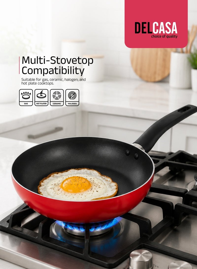 DELCASA 7-Piece Non-Stick Cookware Set | Aluminum Cookware with Tempered Glass Lids, Casserole, Wok Pan, Fry Pan & Nylon Tools | 3-Layer Durable Nonstick Coating, Heat-Resistant Handles, Red - Image 3