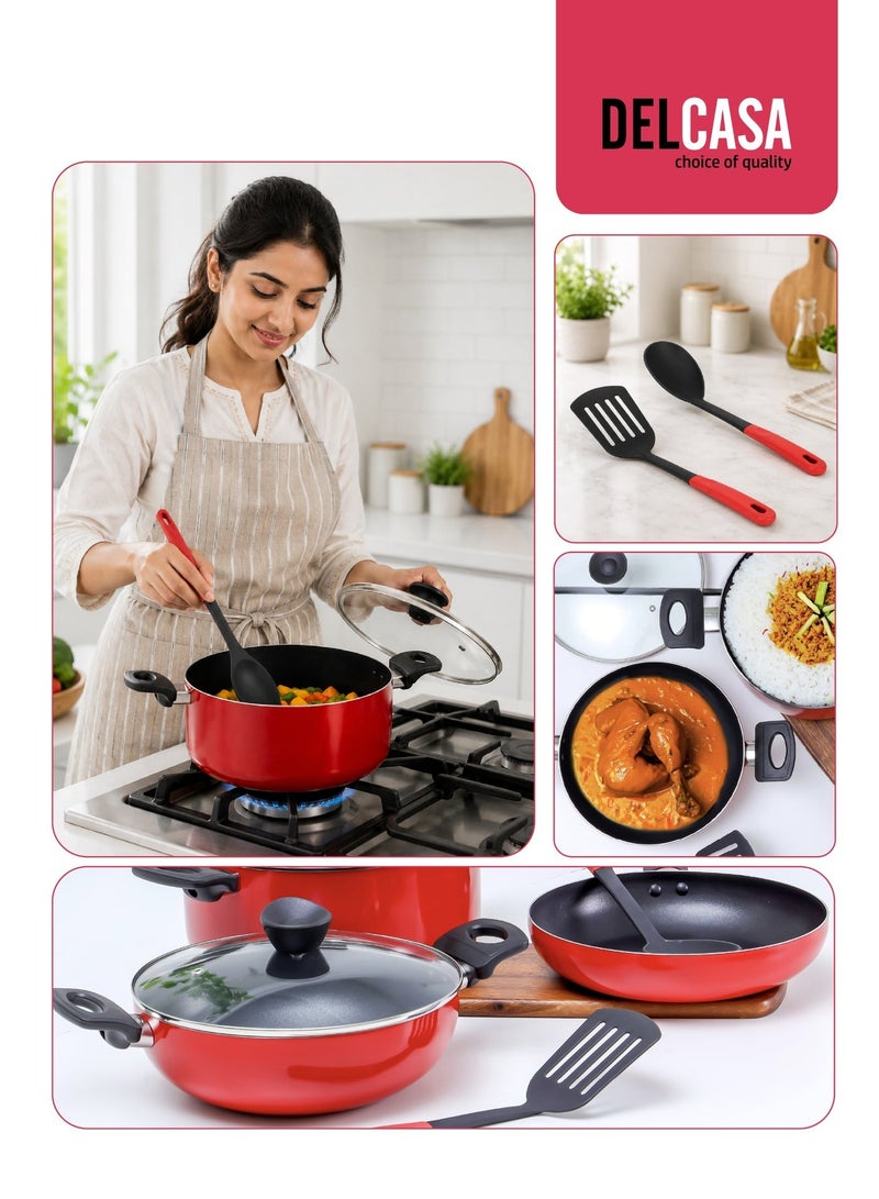 DELCASA 7-Piece Non-Stick Cookware Set | Aluminum Cookware with Tempered Glass Lids, Casserole, Wok Pan, Fry Pan & Nylon Tools | 3-Layer Durable Nonstick Coating, Heat-Resistant Handles, Red - Image 2