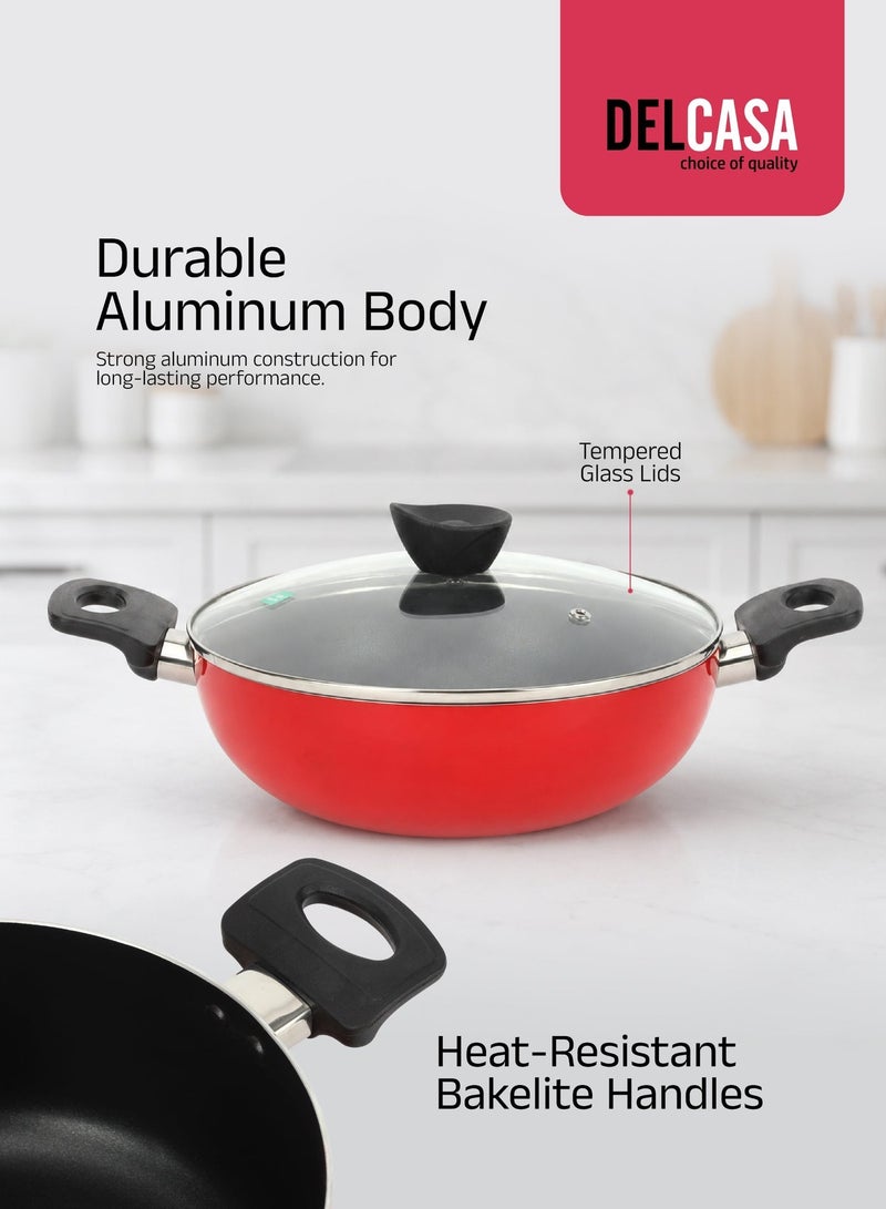 DELCASA 7-Piece Non-Stick Cookware Set | Aluminum Cookware with Tempered Glass Lids, Casserole, Wok Pan, Fry Pan & Nylon Tools | 3-Layer Durable Nonstick Coating, Heat-Resistant Handles, Red - Image 4