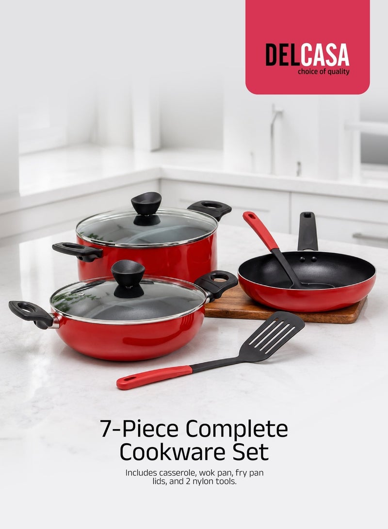 DELCASA 7-Piece Non-Stick Cookware Set | Aluminum Cookware with Tempered Glass Lids, Casserole, Wok Pan, Fry Pan & Nylon Tools | 3-Layer Durable Nonstick Coating, Heat-Resistant Handles, Red - Image 5
