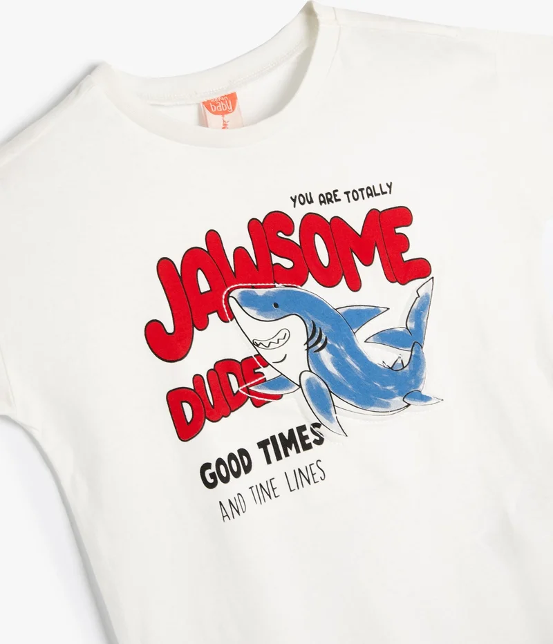 كوتون Cotton T-Shirt Short Sleeve Crew Neck Shark Printed Cotton