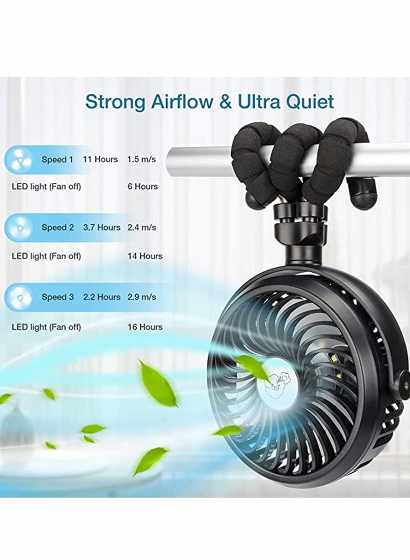 Loquat Battery Operated Fan, 2500 mah Portable Stroller Fans with Flexible Tripod, LED Lights for Bedroom Home Room Desk Table Camping - Image 4