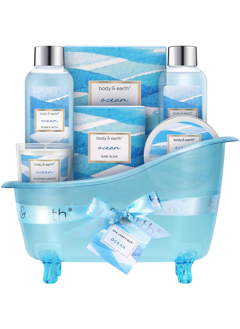 BODY & EARTH - Bath and Body Gift Set for Women, Body & Earth Ocean Gift Basket, 7 Pcs Bath Sets for Women Gift with Bubble Bath, Body Lotion, Scented Candle, Spa Kit for Women, Christmas Gifts for Mom - Image 1