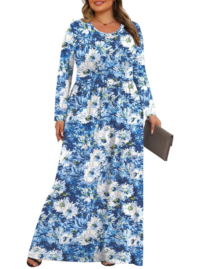 Tencede Womens Plus Size Maxi Dresses Long Sleeve with Pockets Casual Long Dress White Chrysanthemum 3X - Image 3
