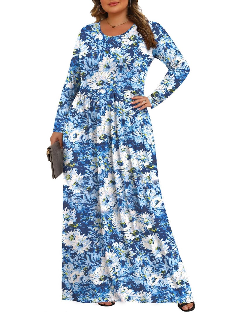 Tencede Womens Plus Size Maxi Dresses Long Sleeve with Pockets Casual Long Dress White Chrysanthemum 3X - Image 2