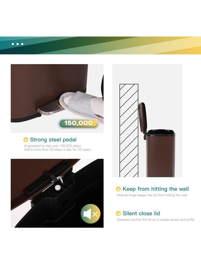 FDW Kitchen Trash Can with Lid for Office Bedroom Bathroom Step Trash Bin Fingerprint-Proof Garbage Bin Brushed Stainless Steel 13 Gallon (Brown) - Image 3