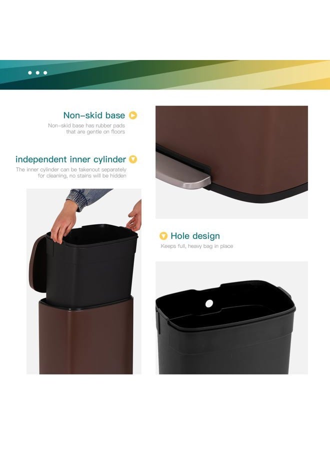 FDW Kitchen Trash Can with Lid for Office Bedroom Bathroom Step Trash Bin Fingerprint-Proof Garbage Bin Brushed Stainless Steel 13 Gallon (Brown) - Image 4