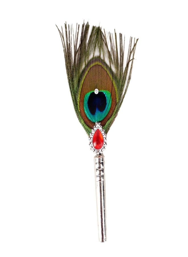 DHRUVS COLLECTION Silver Coated Peacock Feather - Hand Fan - More Pankh for Home Decoration, Pooja, Gift Purpose & Donation (Pack of 1, Medium Size) - Image 1