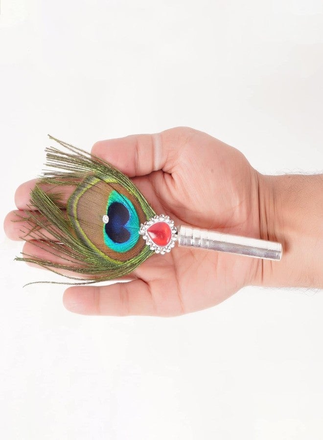 DHRUVS COLLECTION Silver Coated Peacock Feather - Hand Fan - More Pankh for Home Decoration, Pooja, Gift Purpose & Donation (Pack of 1, Medium Size) - Image 2