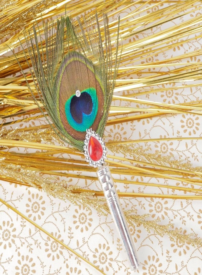 DHRUVS COLLECTION Silver Coated Peacock Feather - Hand Fan - More Pankh for Home Decoration, Pooja, Gift Purpose & Donation (Pack of 1, Medium Size) - Image 5