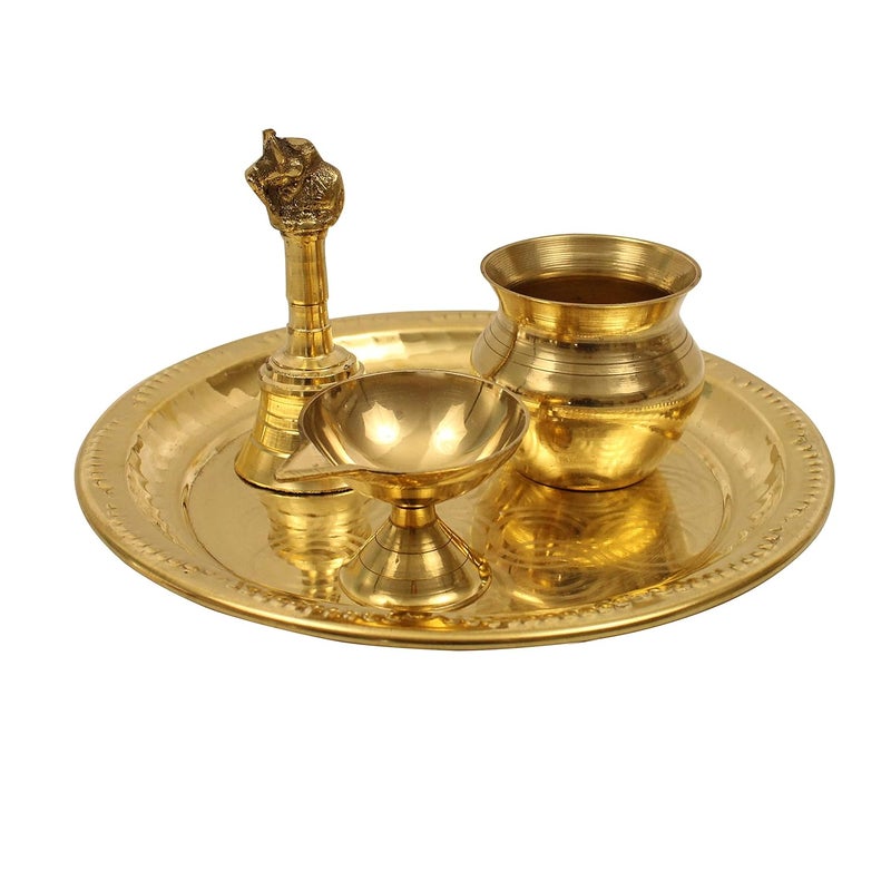 Spillbox Traditional Handcrafted Brass Puja Pooja Thali Set Arati Arathi Arthi Arti Arathi Bartan Thambulam Plate Set for Several Occasions Ring Plate 7 inch Puja SetDiya Bell Lota - Image 1