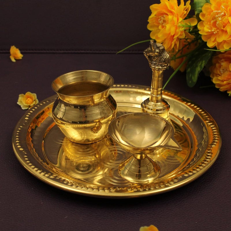 Spillbox Traditional Handcrafted Brass Puja Pooja Thali Set Arati Arathi Arthi Arti Arathi Bartan Thambulam Plate Set for Several Occasions Ring Plate 7 inch Puja SetDiya Bell Lota - Image 4