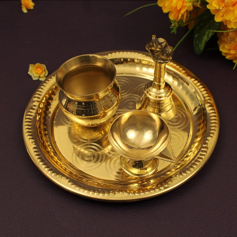 Spillbox Traditional Handcrafted Brass Puja Pooja Thali Set Arati Arathi Arthi Arti Arathi Bartan Thambulam Plate Set for Several Occasions Ring Plate 7 inch Puja SetDiya Bell Lota - Image 5