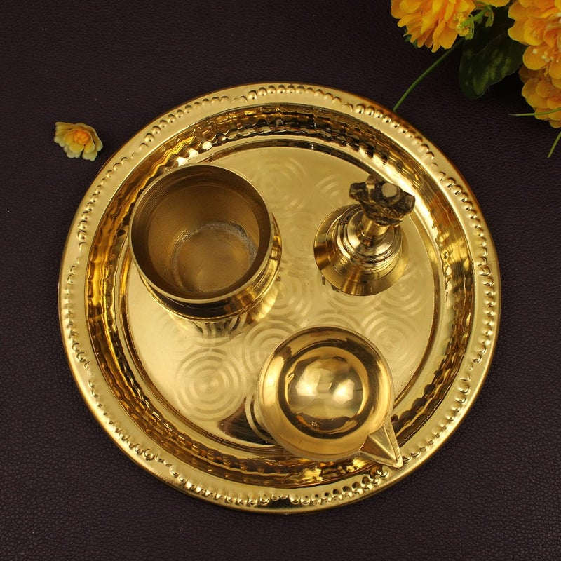 Spillbox Traditional Handcrafted Brass Puja Pooja Thali Set Arati Arathi Arthi Arti Arathi Bartan Thambulam Plate Set for Several Occasions Ring Plate 7 inch Puja SetDiya Bell Lota - Image 3