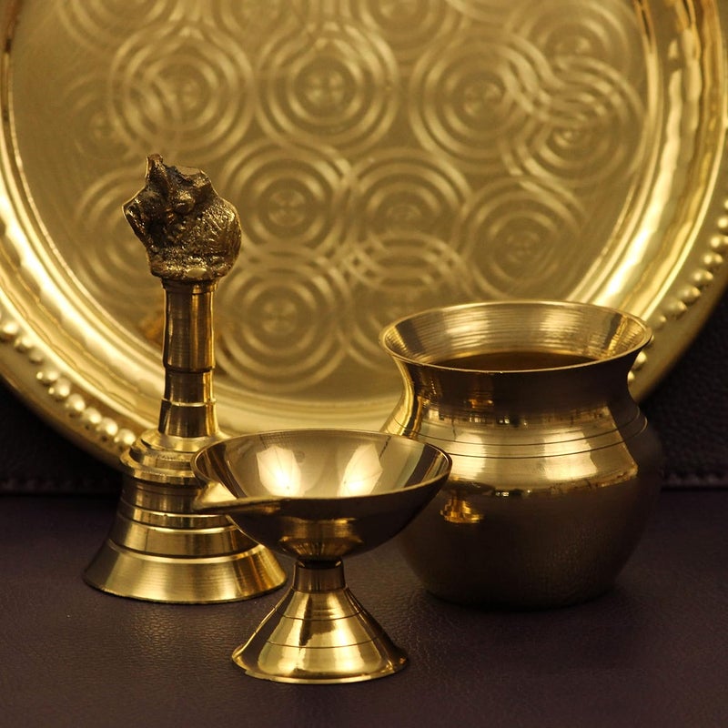 Spillbox Traditional Handcrafted Brass Puja Pooja Thali Set Arati Arathi Arthi Arti Arathi Bartan Thambulam Plate Set for Several Occasions Ring Plate 7 inch Puja SetDiya Bell Lota - Image 2