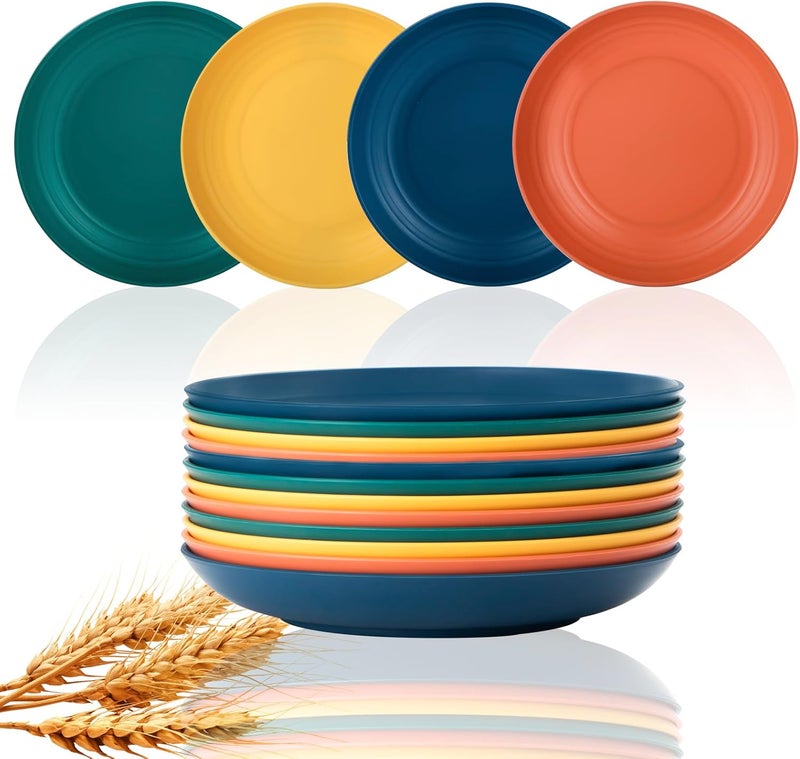 Lazycorner Dinner Plates Unbreakable Wheat Straw Plates Kids Plate Set of 12 Alternative for Plastic Plates Reusable Plate for Kitchen Dishwasher Safe (9 Inches-4 colors) - Image 1