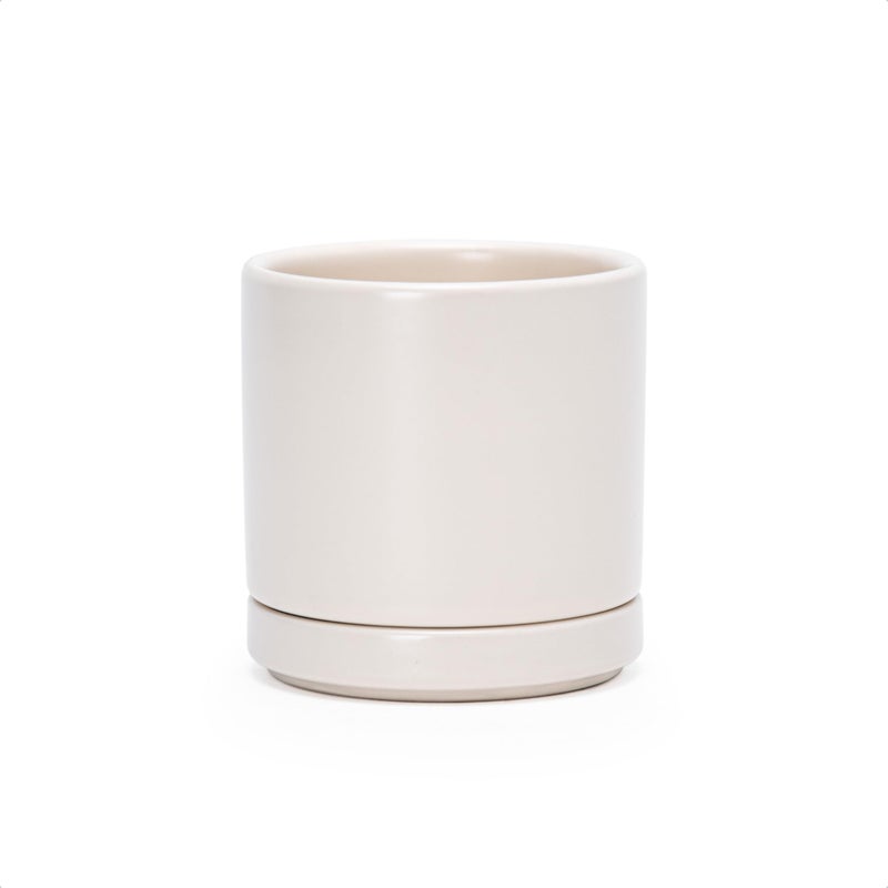 D'vine Dev 3.5 Inch Ceramic Planter Pot with Drainage Hole and Saucer, Indoor Cylinder Round Planter Pot, Oatmeal, 94-O-A-8 - Image 1
