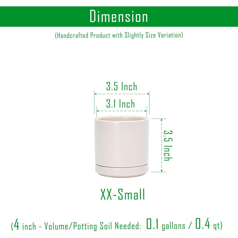 D'vine Dev 3.5 Inch Ceramic Planter Pot with Drainage Hole and Saucer, Indoor Cylinder Round Planter Pot, Oatmeal, 94-O-A-8 - Image 2