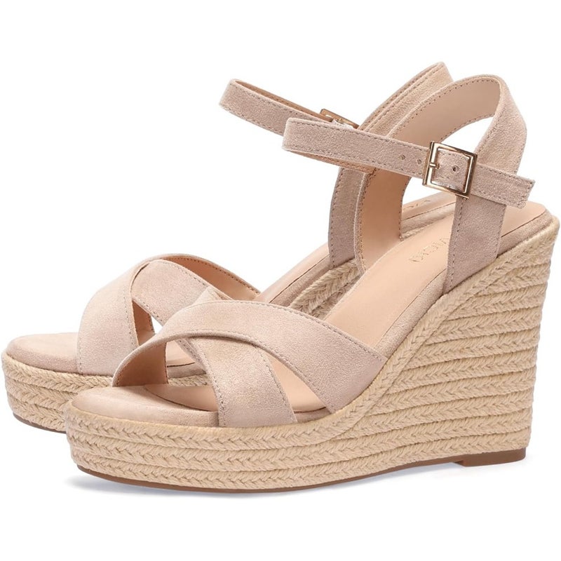 Women's platform wedge sandals for casual wear, jute-wrapped espadrille sole, beige color, lightweight and breathable with adjustable ankle strap - Image 1