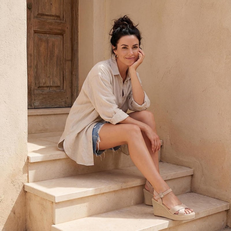 Women's platform wedge sandals for casual wear, jute-wrapped espadrille sole, beige color, lightweight and breathable with adjustable ankle strap - Image 3
