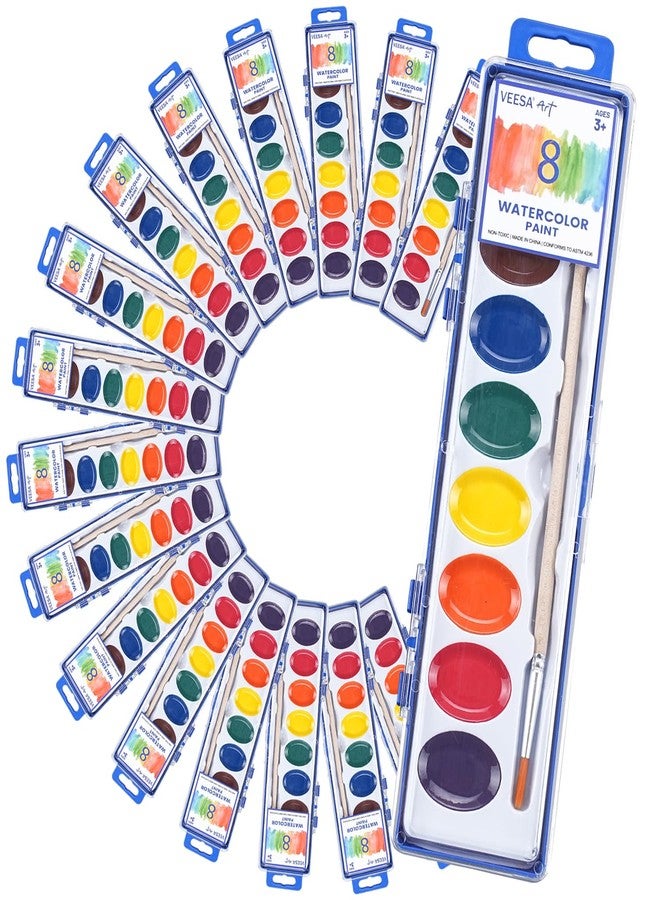 VEESA 8 Colors Watercolor Paint Set for Kids, 24 Pack Washable Watercolor with Wood Brushes, Non-Toxic Water Color Paint, Valentines Day Gifts for Kid Prizes Exchange - Image 1
