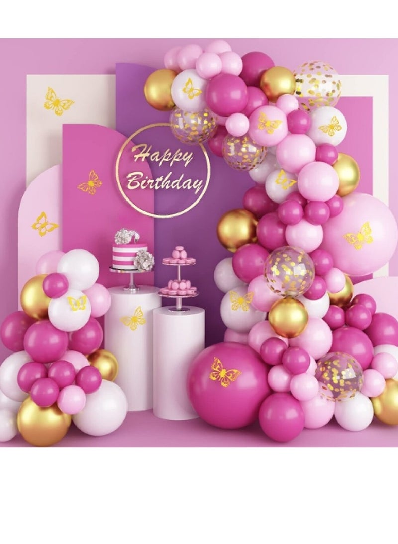 123pcs Premium Pink Balloons Set with Gold Accents & Light Pink Balloons for Birthday Party Decoration – Includes 18/12/10/5-Inch Balloons in Deep Pink, Light Pink, White & Gold, Gold Butterfly Stickers, Adhesive Tape & Balloon Strip – Perfect for Birthday Balloons, Balloons Decoration Set & Party Celebrations - Image 1